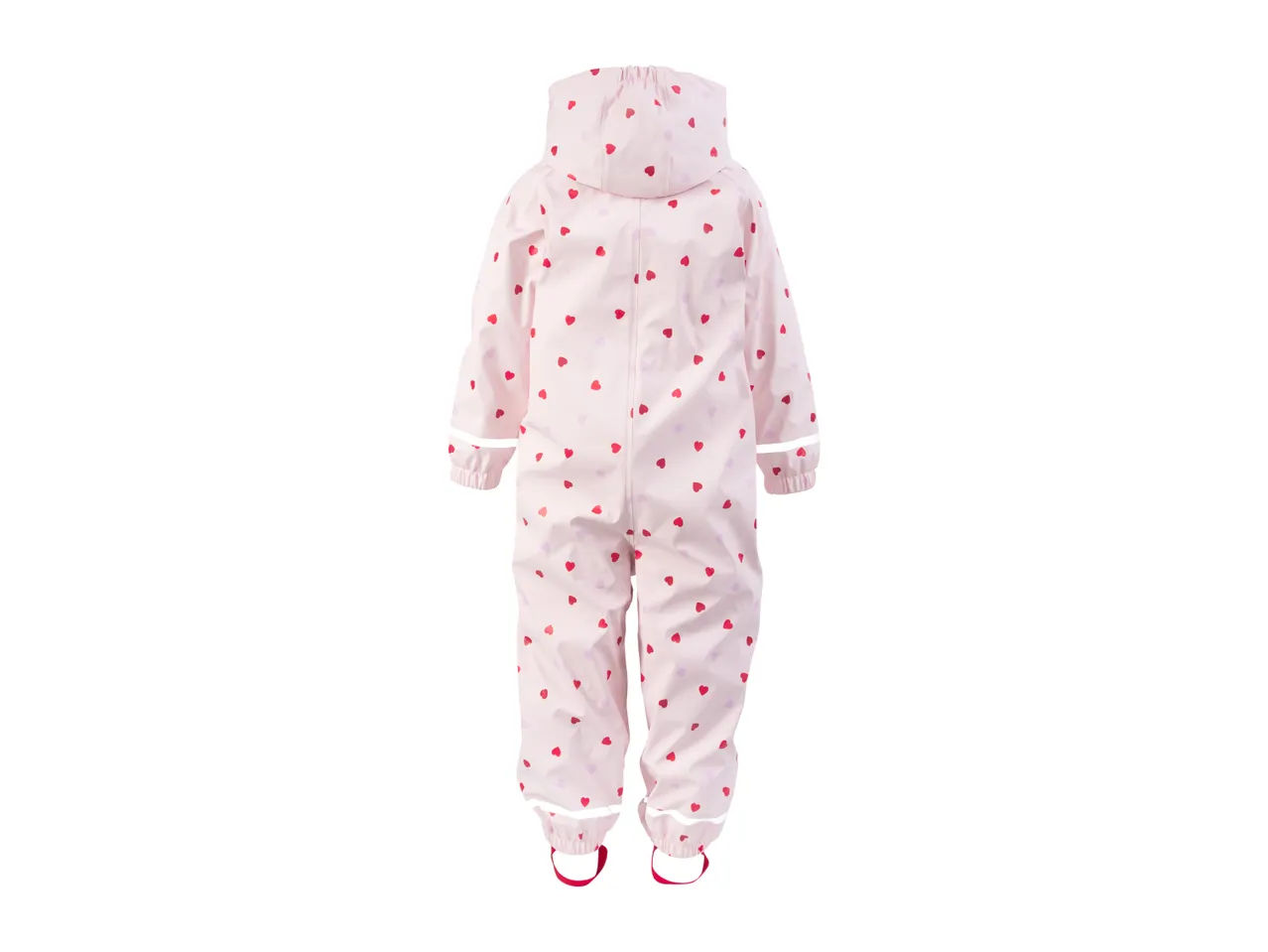 Pink children's waterproof overall with red heart pattern and reflective strips, back view.