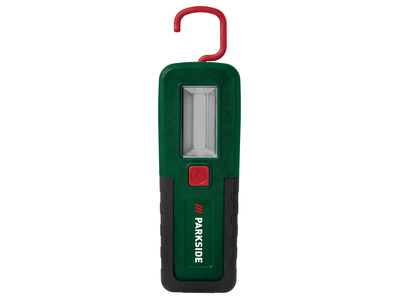 Parkside® bezvadu LED lampa zaļā un melnā krāsā ar sarkanu āķi.