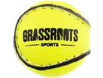 Yellow training sliotar with 'GRASSRNTS SPORTS' logo.