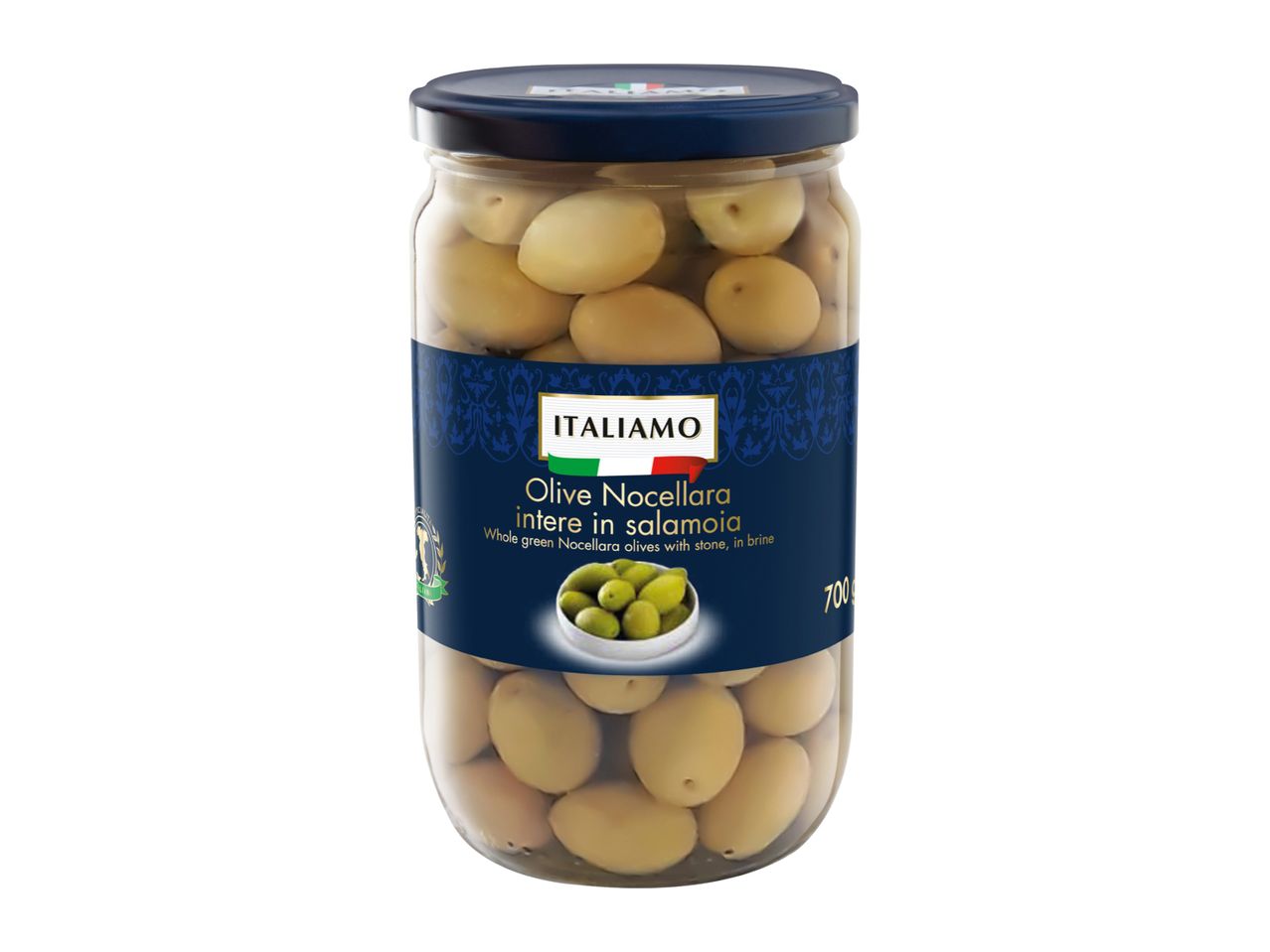 Jar of whole green Nocellara olives in brine, with a blue label.