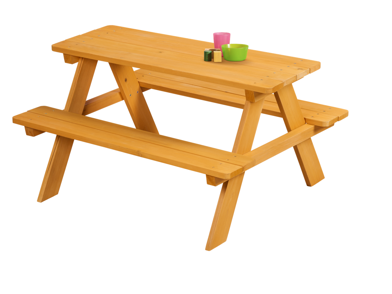 LIVARNO wooden picnic table with benches, pink cup, green bowl, and wooden blocks.