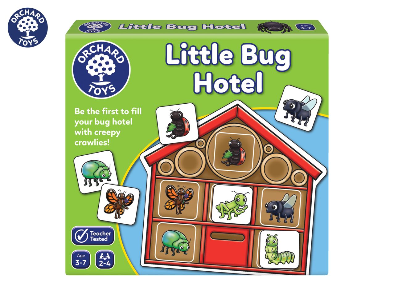 Children's board game 'Little Bug Hotel' with bug-themed playing pieces and hotel board.