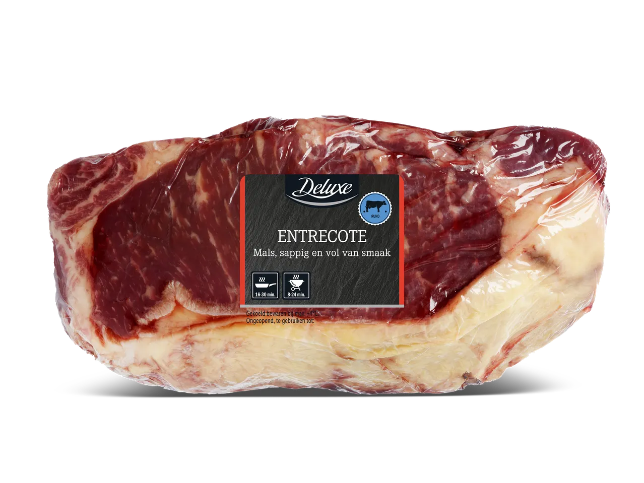 Verpakte entrecote met bereidingsinstructies en bewaaradvies.