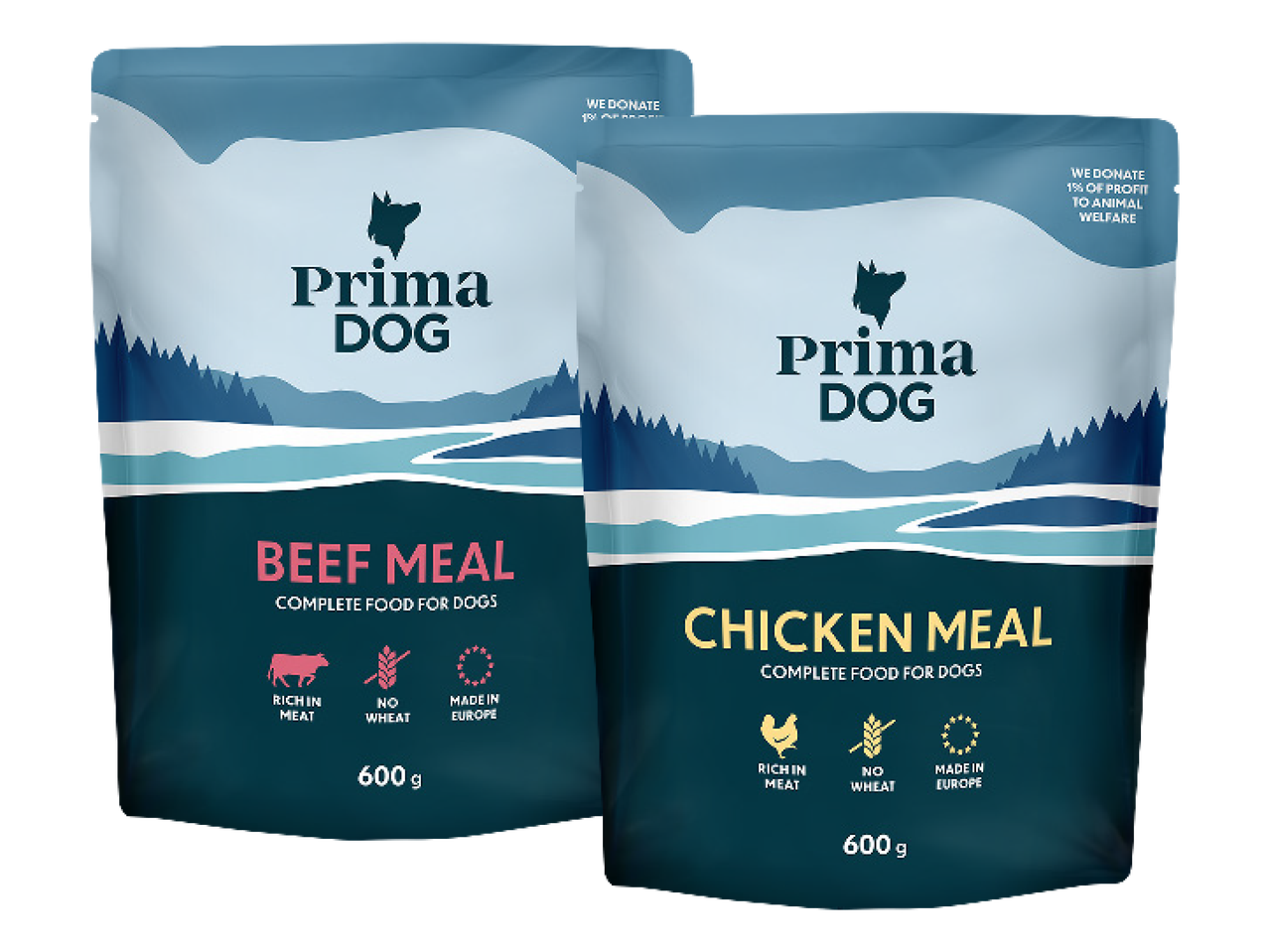 Kaks pakki Prima DOG koeratoitu: veiseliha ja kana, mõlemad 600 g.