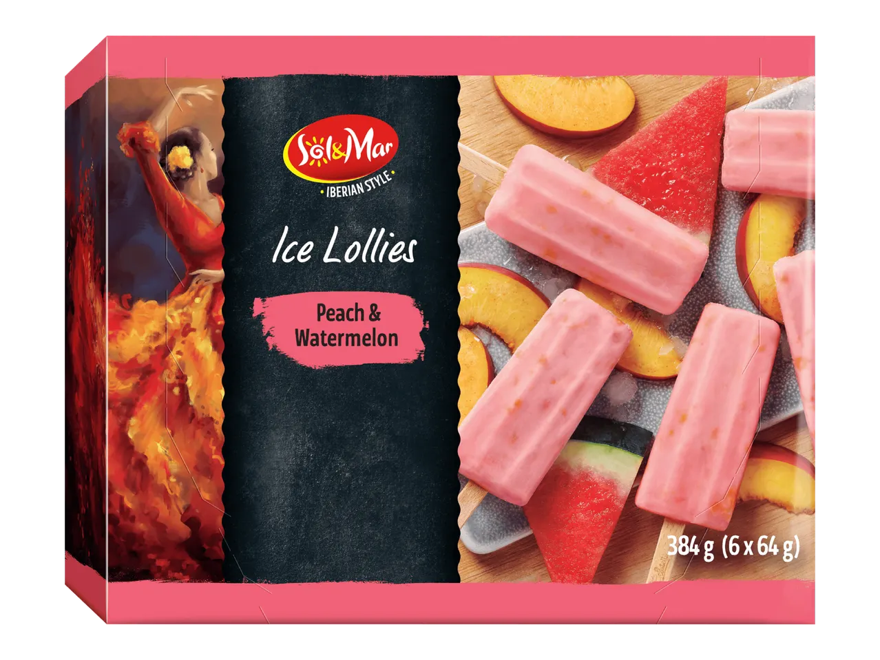 Jäätelöpuikot persikka- ja vesimelonimakuina, pakkauksessa on flamencotanssija ja tuotetiedot.