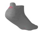 Grey ankle sock with a pink logo on the heel and text on the sole.