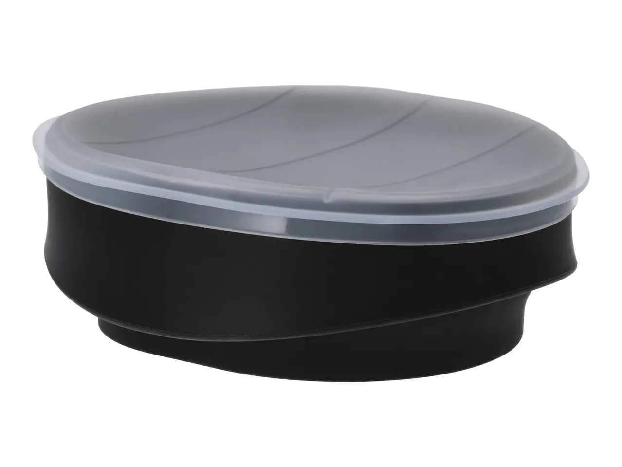 Black food storage container with a translucent gray lid, angled view.