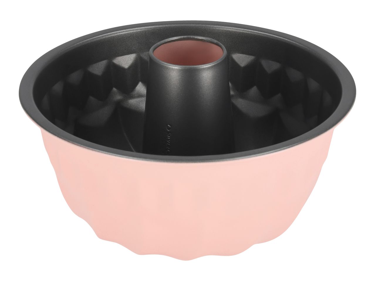 Pink bundt cake pan with a dark non-stick interior and a central tube