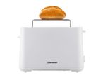 White toaster with a bread roll on top, isolated on a white background.