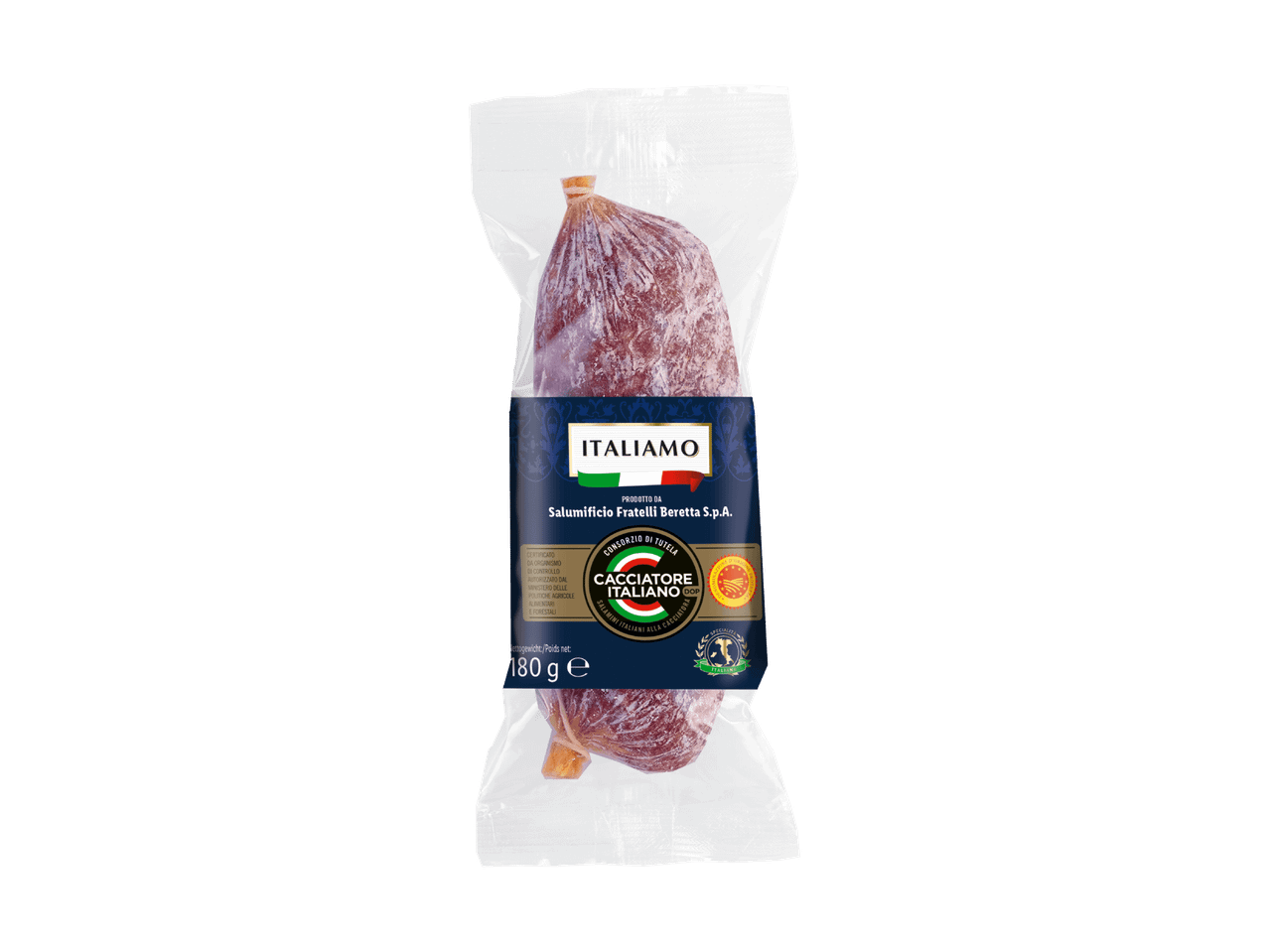 Salame italiano confezionato del marchio Italiamo, prodotto da Salumificio Fratelli Beretta S.p.A.