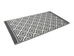 Rectangular outdoor rug with a geometric diamond pattern in grey and white.