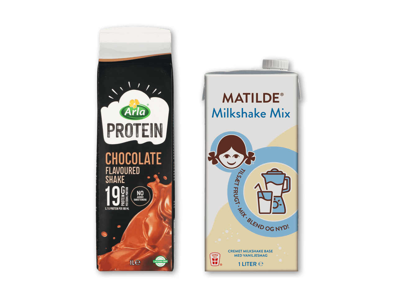 Chokoladeproteinshake og vaniljemilkshake-mix i kartoner.
