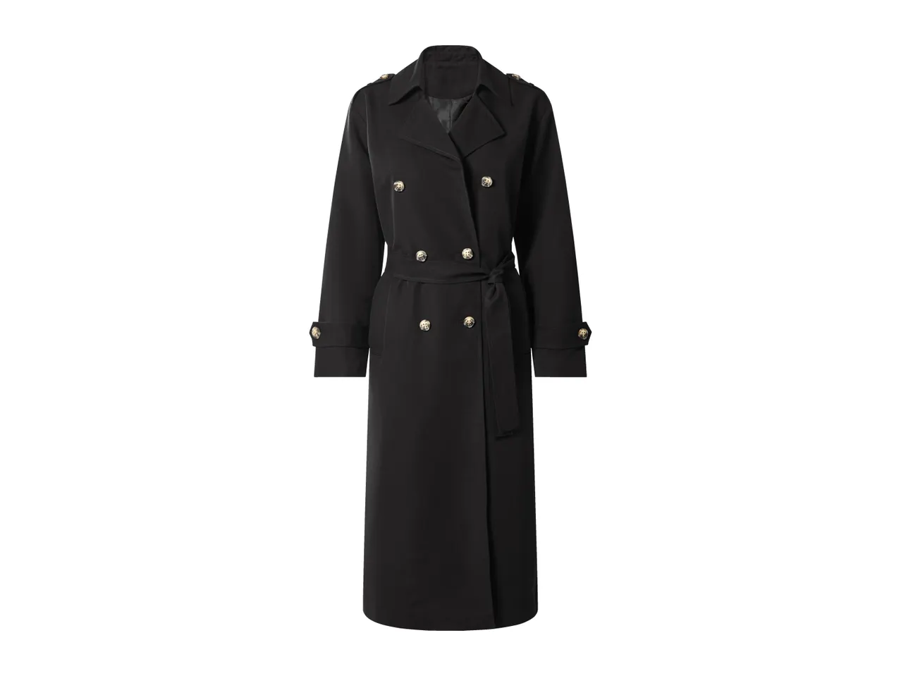 Black double-breasted trench coat with gold buttons and a tie belt.