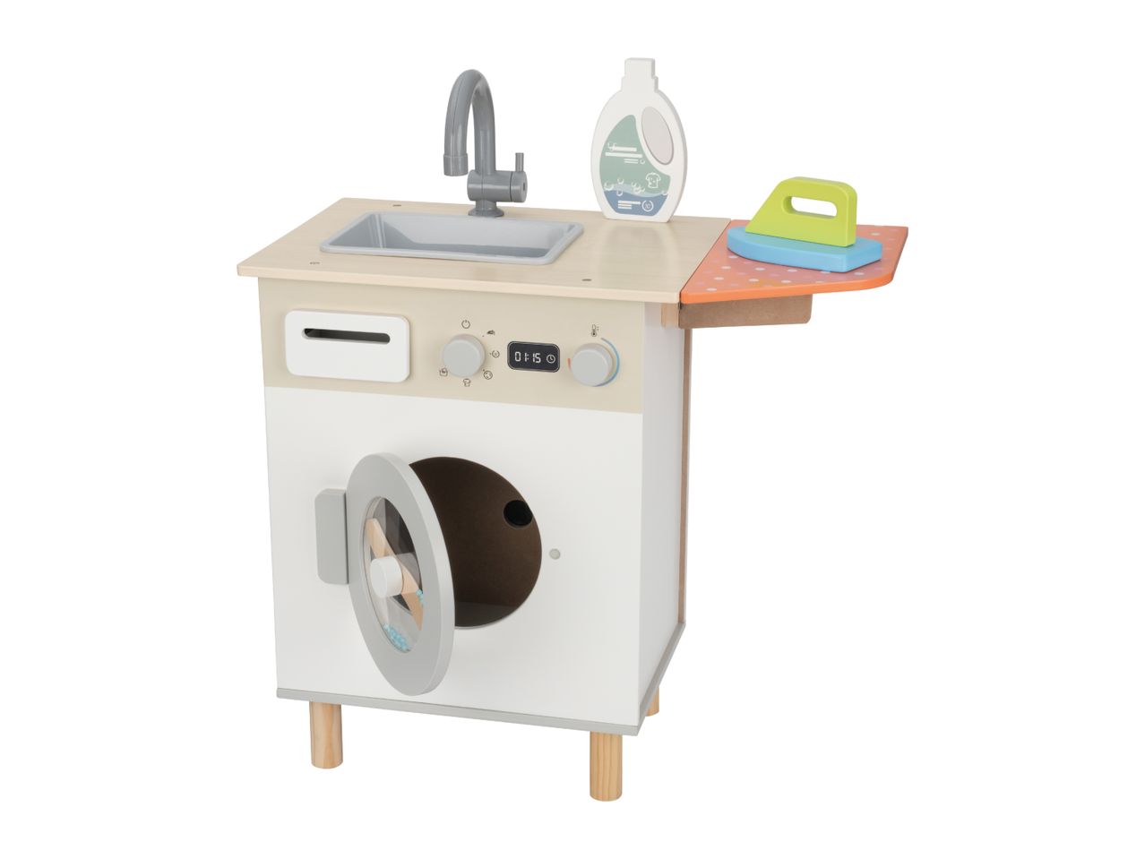 Wooden toy washing machine with sink, detergent, and ironing board with iron.