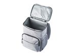 Light grey cooler backpack with an open lid, showing the insulated interior