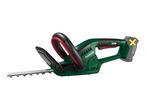 Cordless hedge trimmer with a green body, black handles, and a grey battery pack.