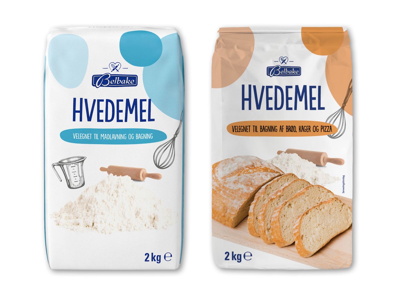To pakker hvedemel, den ene med madlavningstema og den anden med bagetema.