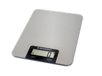 SilverCrest digital kitchen scales with a brushed metal surface and a black display showing '0 g'.