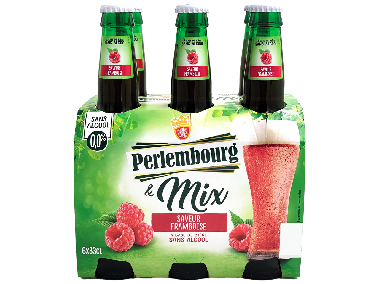 Pack de 6 bières sans alcool à la framboise, 0,0% d'alcool.