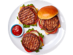 Three grilled beef burgers with cheese, lettuce, tomatoes, and pickles on a plate with ketchup.
