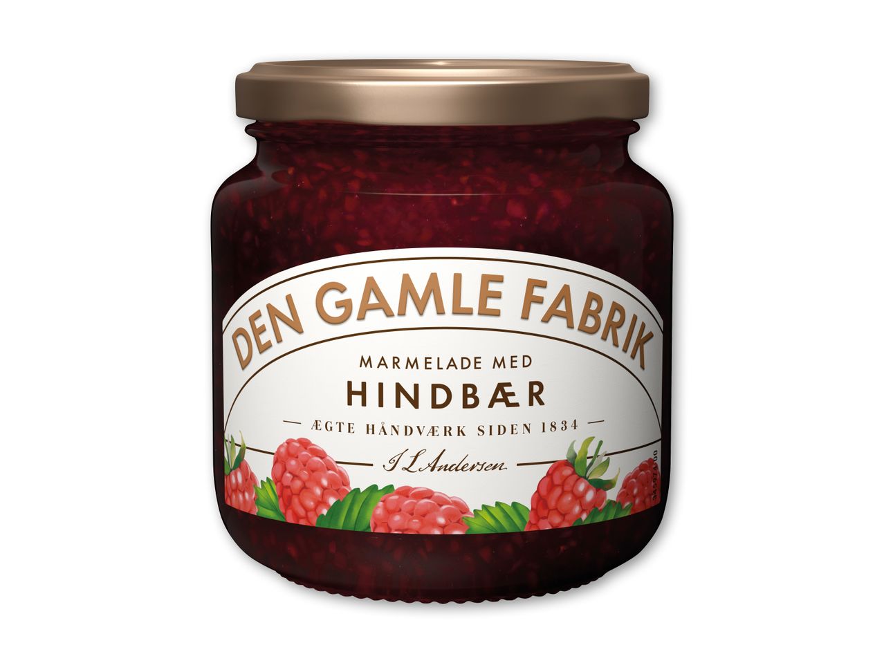 Glas hindbærmarmelade med hvid etiket og illustrationer af hindbær.