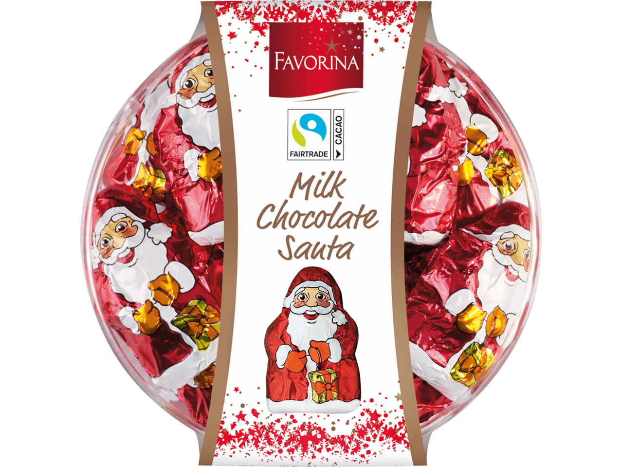 Favorina milk chocolate Santa figures in a round package with a Fairtrade label.