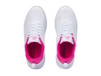 Pair of white and pink athletic shoes, top-down view.