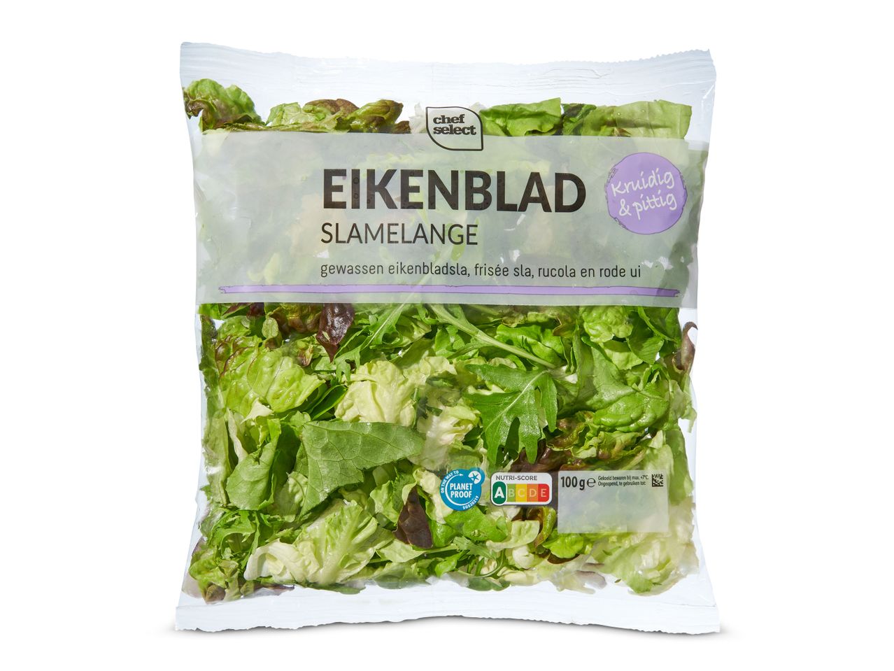 Chef Select sla mix: eikenbladsla, friseesla, rucola en rode ui.