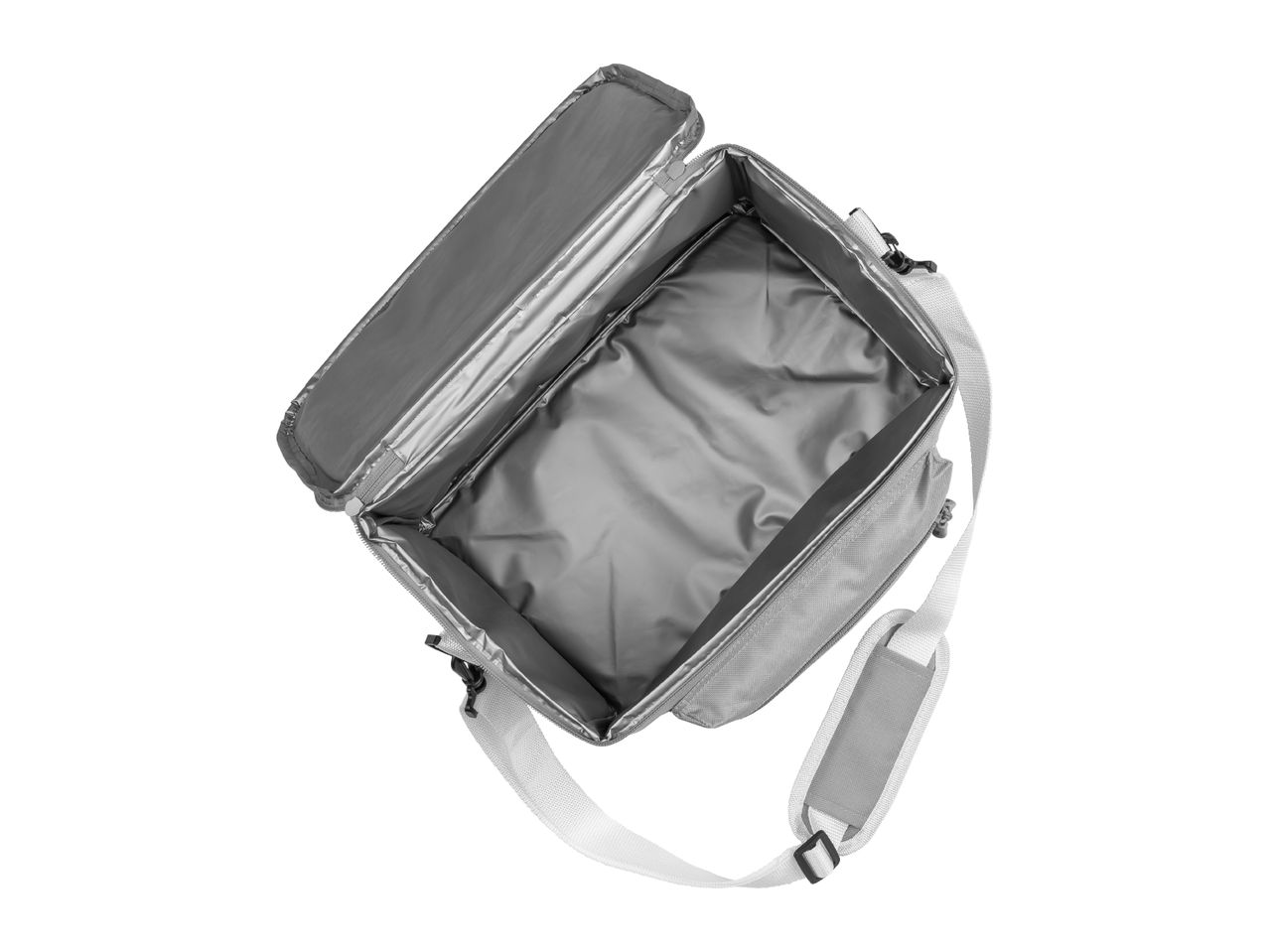 Open grey insulated cooler bag with shoulder strap, top view.