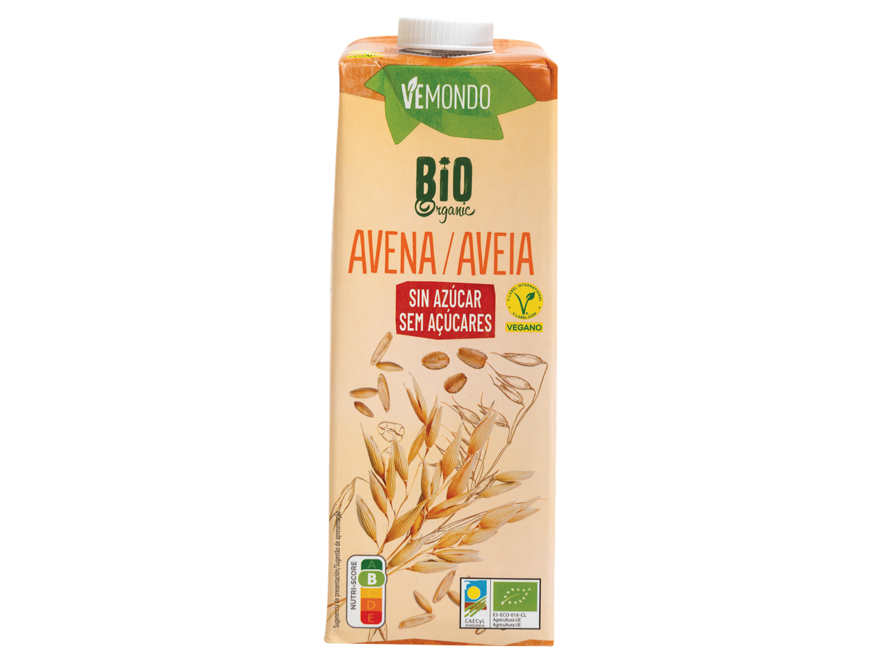 Embalagem de Bebida de Aveia Bio 0% Açúcar Vemondo com grãos e espigas de aveia.