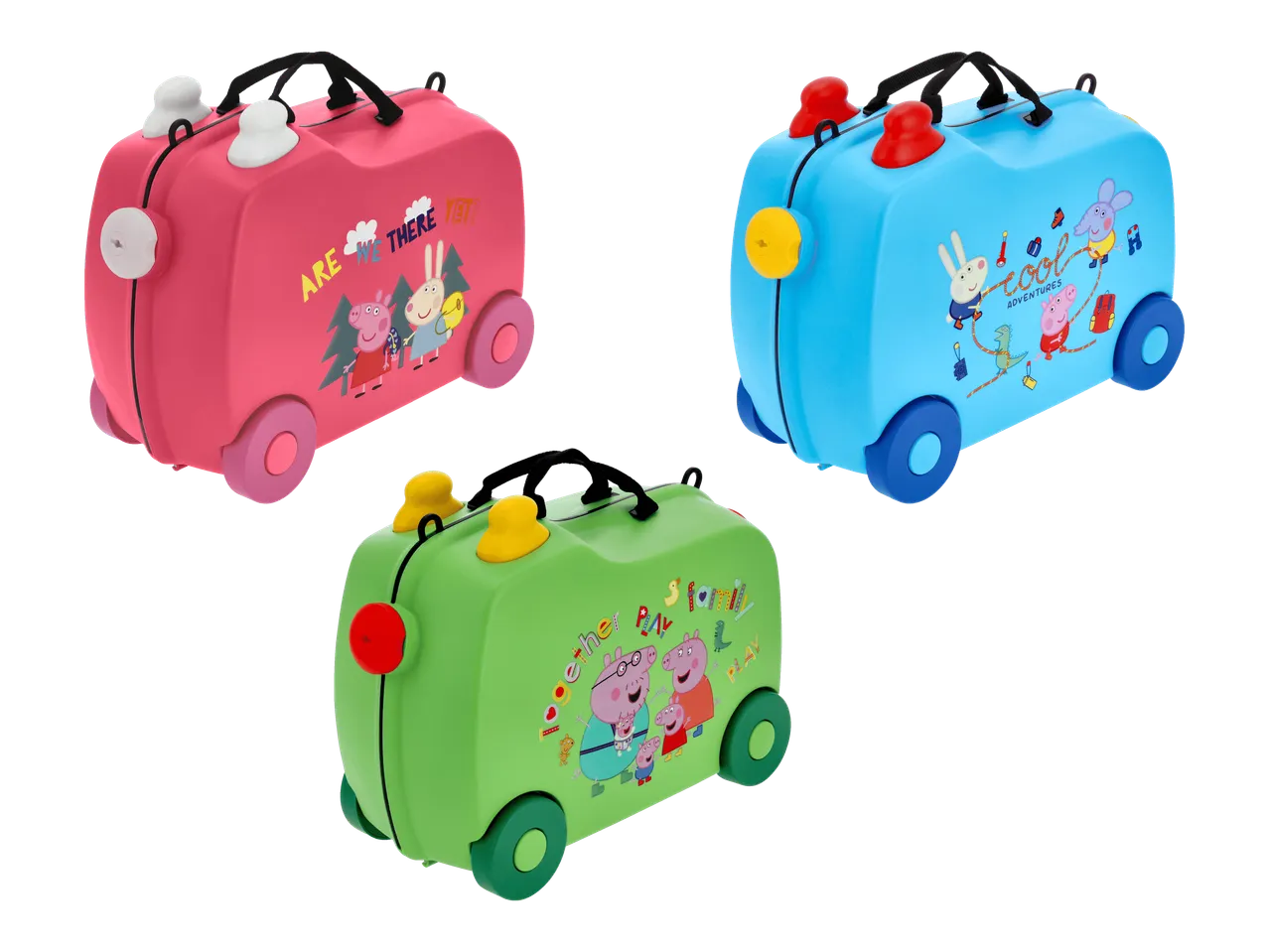Kolme lasten matkalaukkua, joissa on Peppa Pig -aiheisia kuvia ja pyörät.