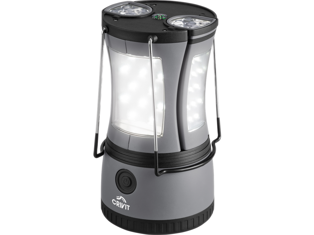 CRIVIT kamperska lampa sa LED svetlima i kompasom, u sivoj i crnoj boji.