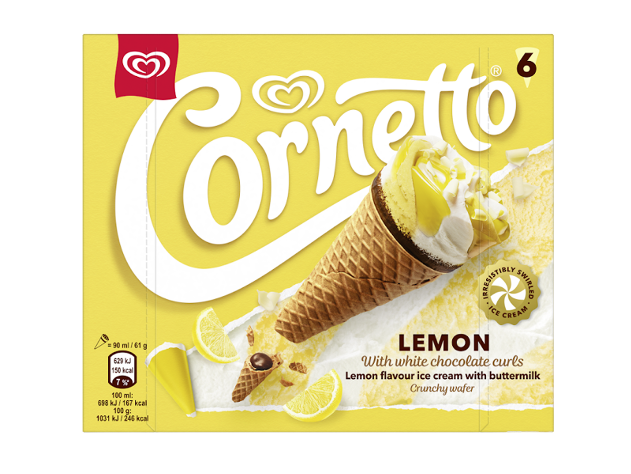 Caixa de gelados de cone de limão com chocolate branco, com 6 unidades.