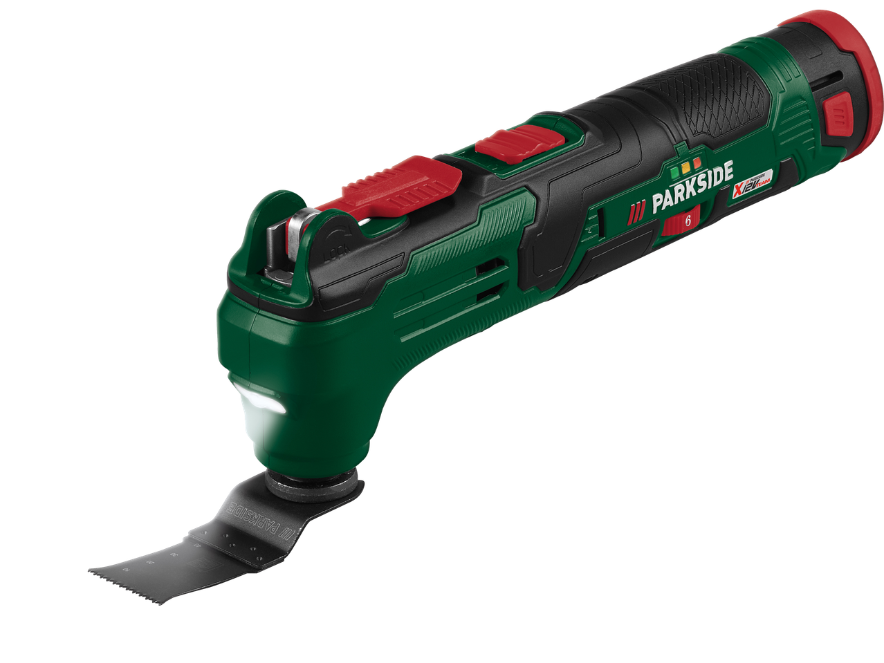 Zöld és fekete multifunkciós oszcilláló szerszám vágókéssel.