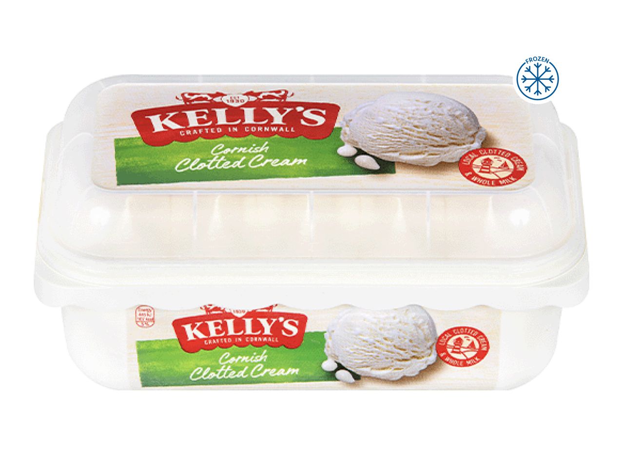Kelly's Cornish Clotted Cream ice cream tubs, with a scoop of ice cream on the label.