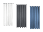 Drei blickdichte Vorhänge in Weiß, Grau und Blau.