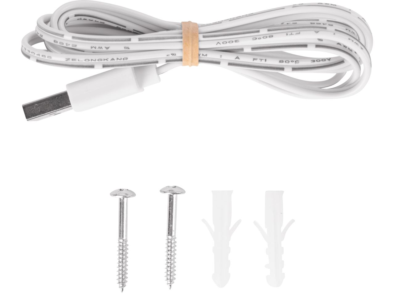 Бял USB кабел, винтове и дюбели за монтаж.
