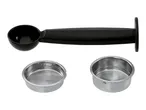 Coffee scoop with tamper and two stainless steel filter baskets with 'MAX' indicator.