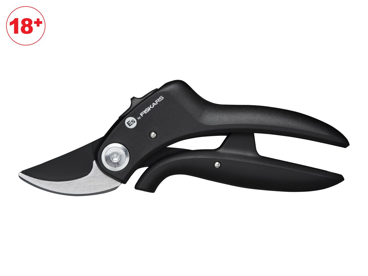 Black Fiskars pruning shears with an 18+ age restriction symbol.