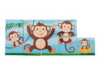 Children's wooden puzzle with cartoon monkeys on a blue background.