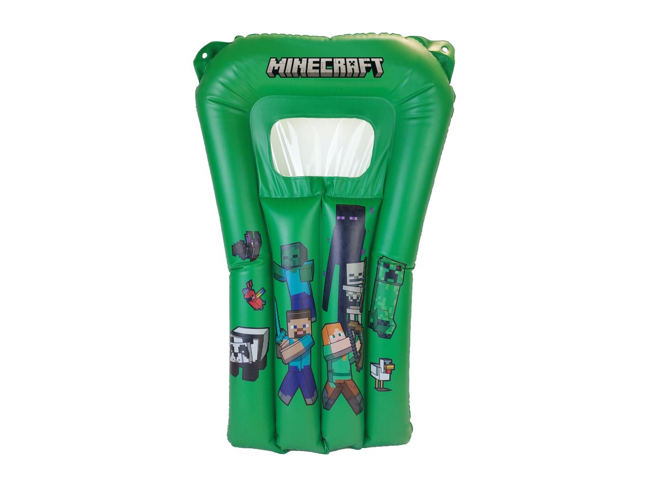 Green inflatable pool float with Minecraft characters and logo.