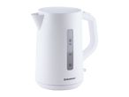 White electric kettle with a water level indicator showing measurements from 0.5L to 1.7L.