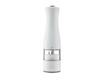 Electric salt or pepper mill with a white body and transparent spice container