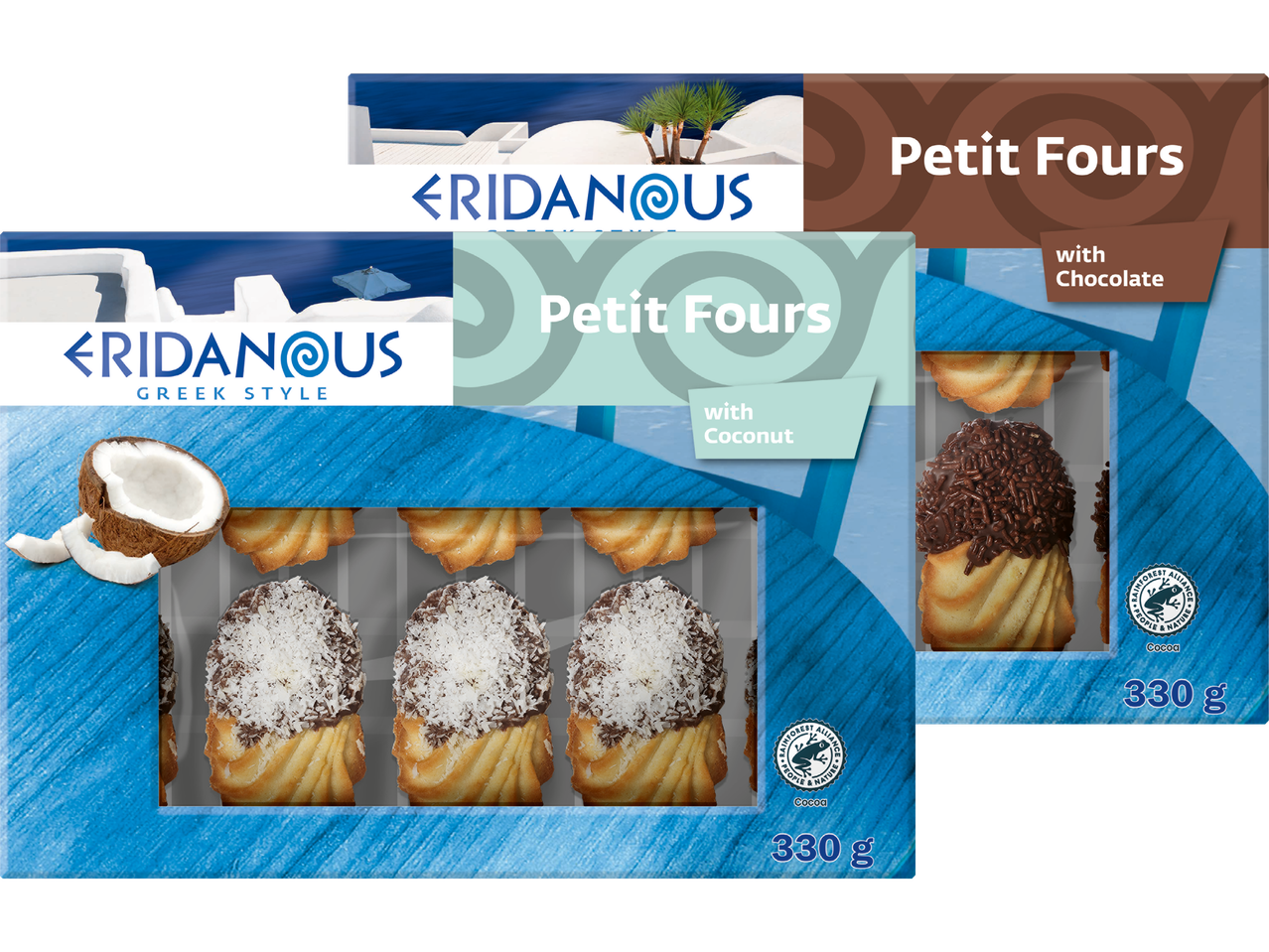 Eridanous grekiska petit fours i två smaker: kokos och choklad.
