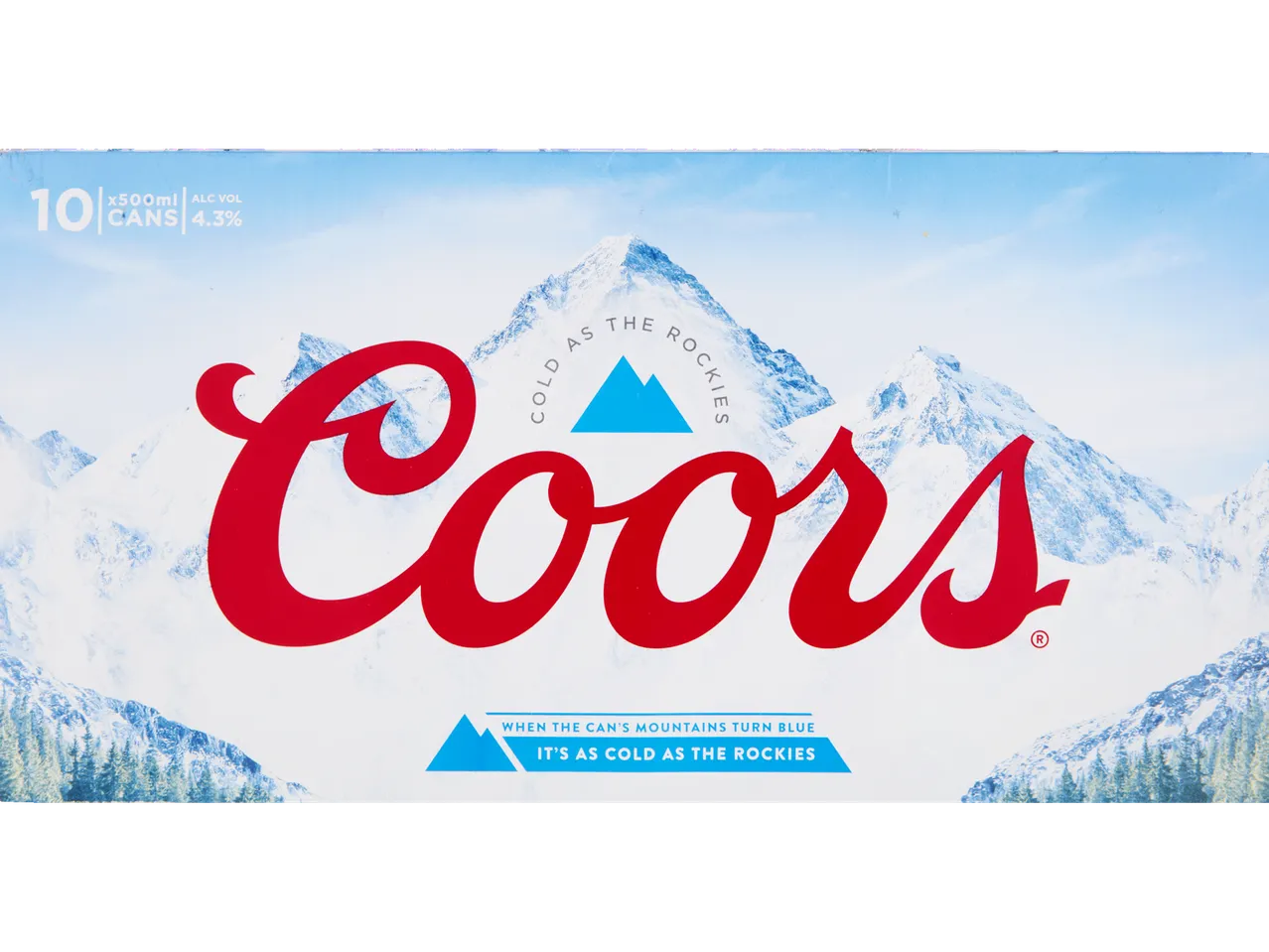 Coors beer 10-pack with a snowy mountain theme.