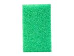 A rectangular green cleaning sponge with a porous texture on a white background.