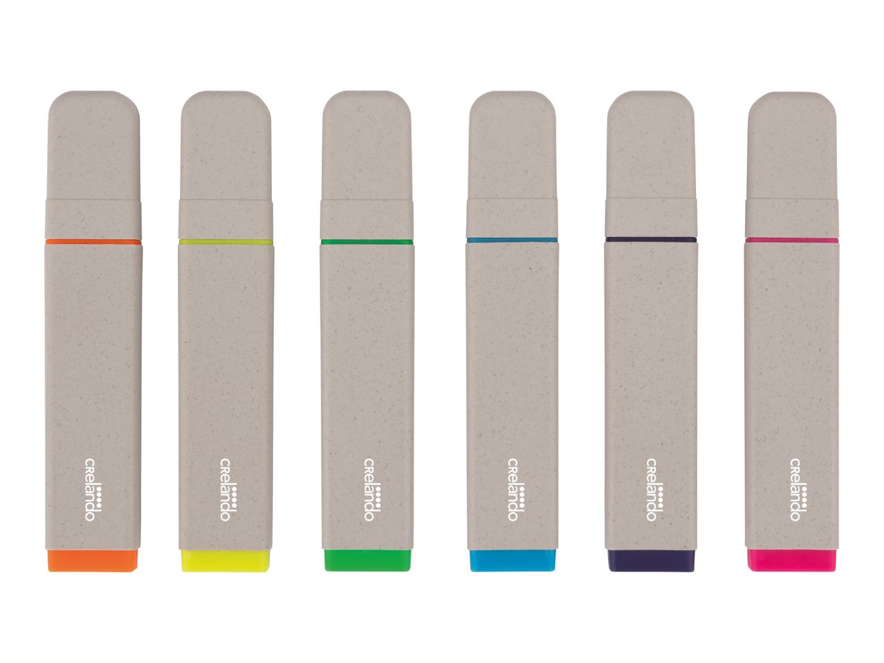Six highlighters in various colors (orange, yellow, green, blue, purple, pink) with light beige bodies.