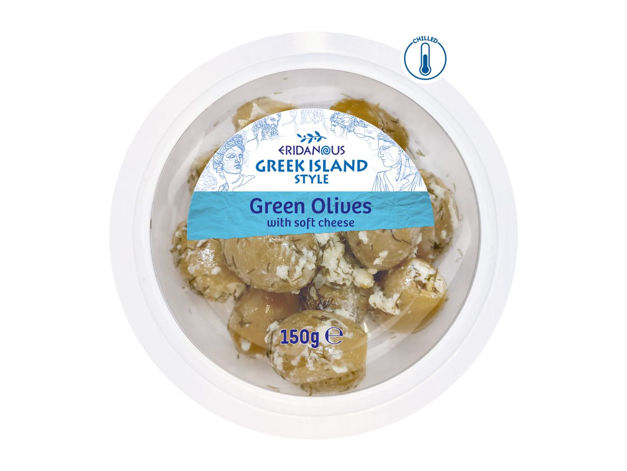 Chilled green olives with soft cheese, Greek Island style, 150g.