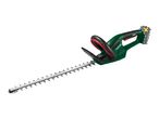 Cordless hedge trimmer with a long blade and a green and black body