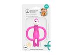 Pink animal-shaped silicone teether in packaging, with a baby using an orange teether.